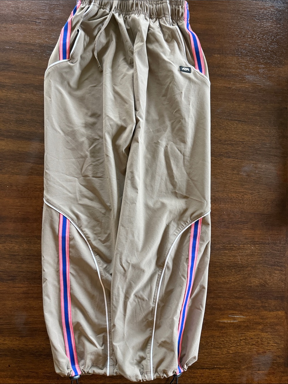 Tiger Friday Child Large Tan Track Pants with Pink & Blue Stripe